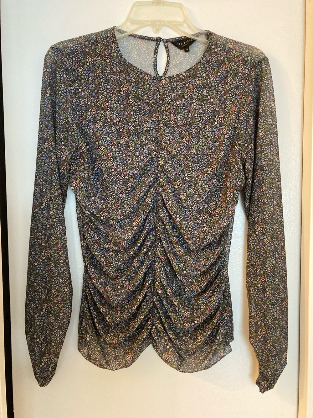 Ted Baker Black Multicolor Ditsy Ruched Long Sleeve Tee